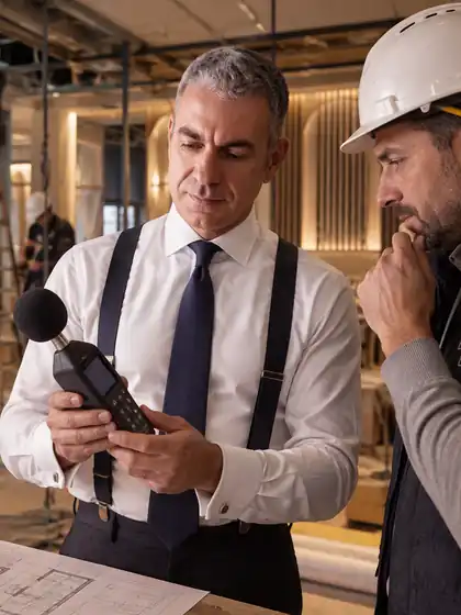 Roberto Vivan legge il fonometro in cantiere con il direttore dei lavori, durante il sopralluogo acustico di un ristorante